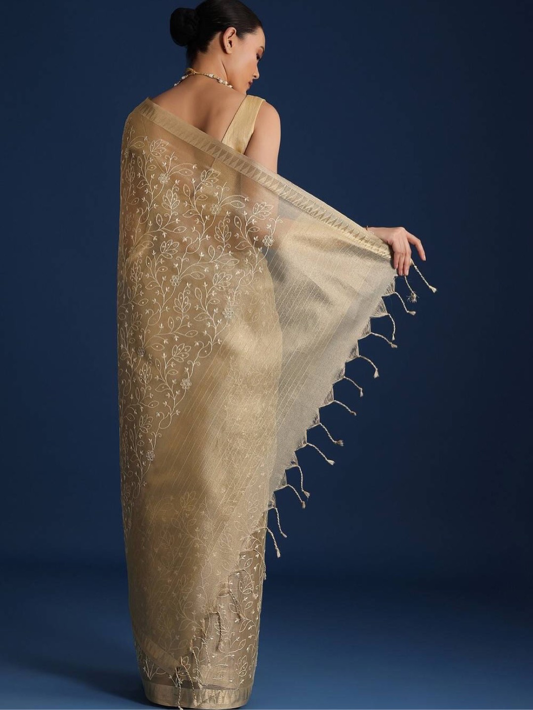 Gold-Toned Saree in Tissue Fabric Elevated with Floral Embroidery - Image 3