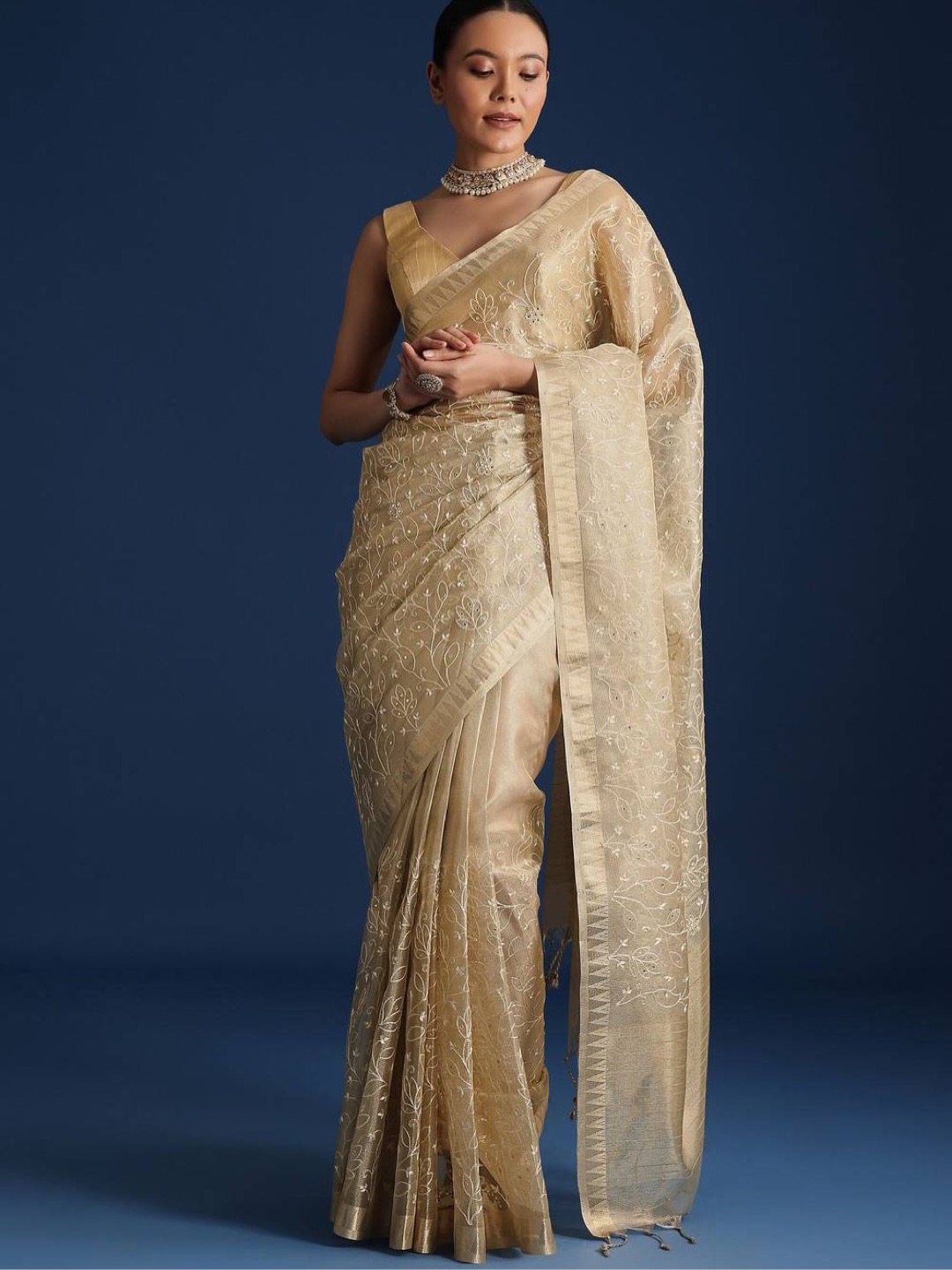 Gold-Toned Saree in Tissue Fabric Elevated with Floral Embroidery - Image 2