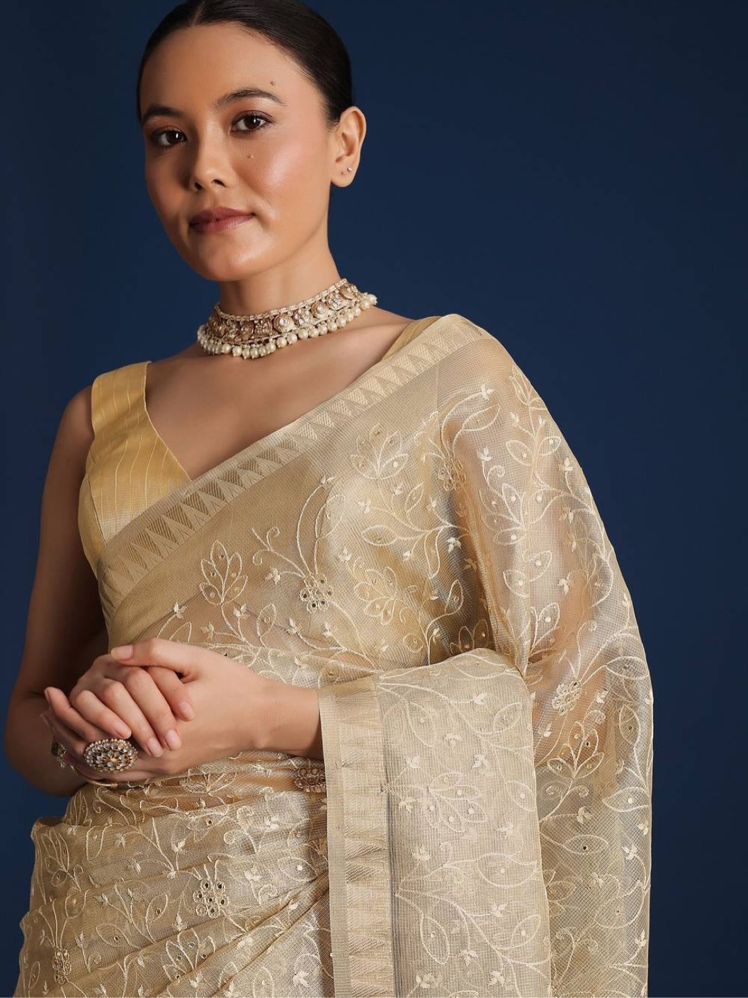 Gold-Toned Saree in Tissue Fabric Elevated with Floral Embroidery - Image 4
