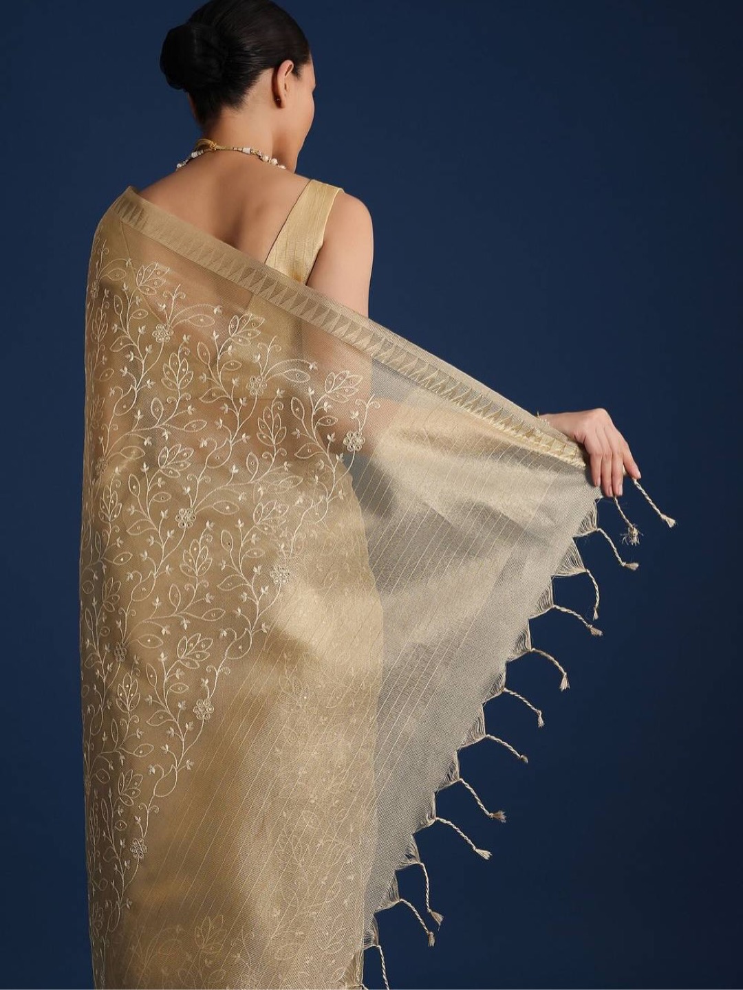 Gold-Toned Saree in Tissue Fabric Elevated with Floral Embroidery - Image 5