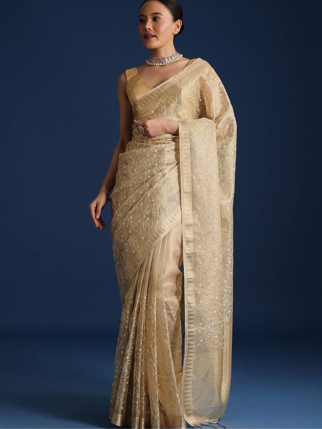 Gold-Toned Saree in Tissue Fabric Elevated with Floral Embroidery - Image 6