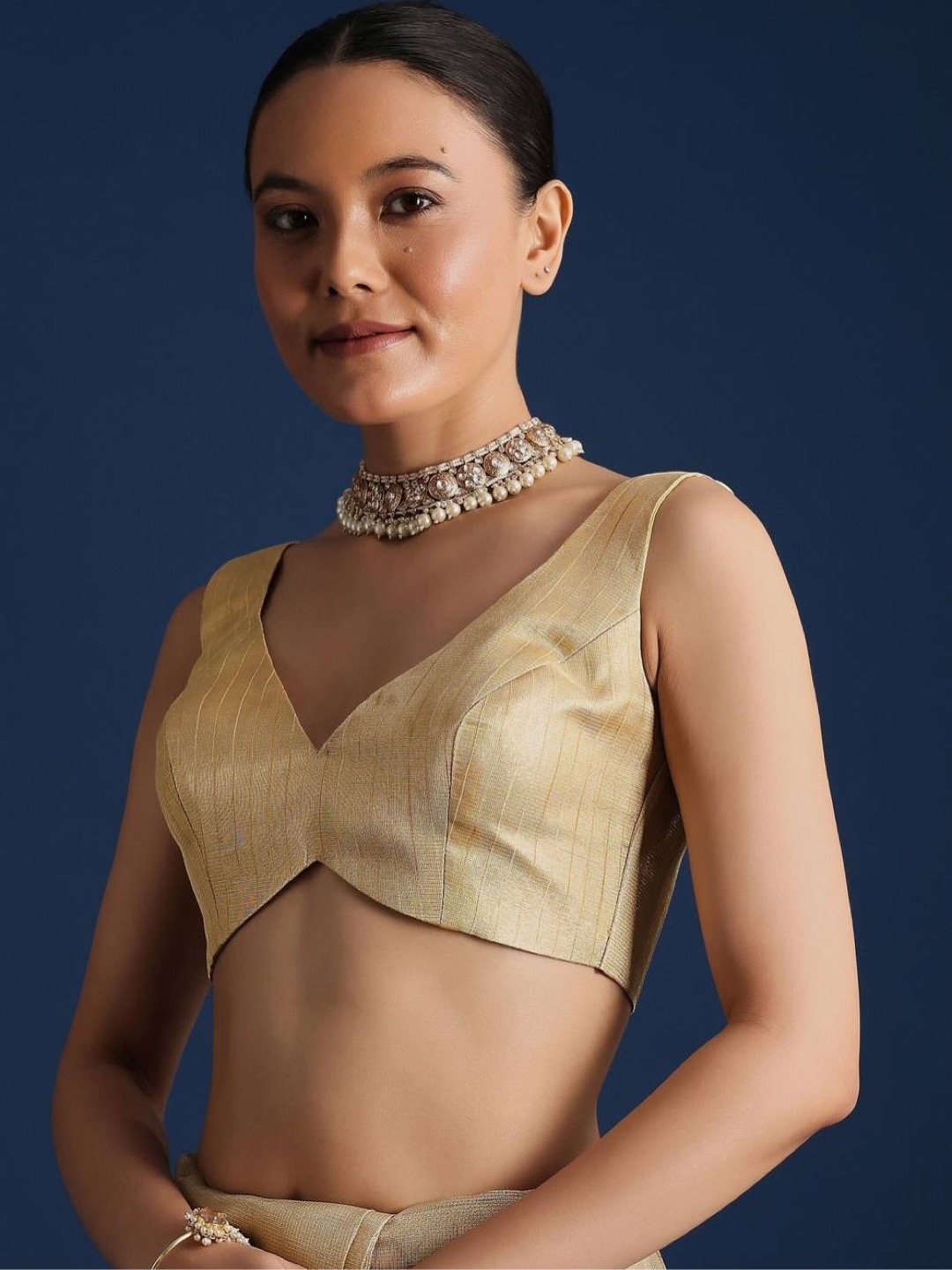 Gold-Toned Saree in Tissue Fabric Elevated with Floral Embroidery - Image 7