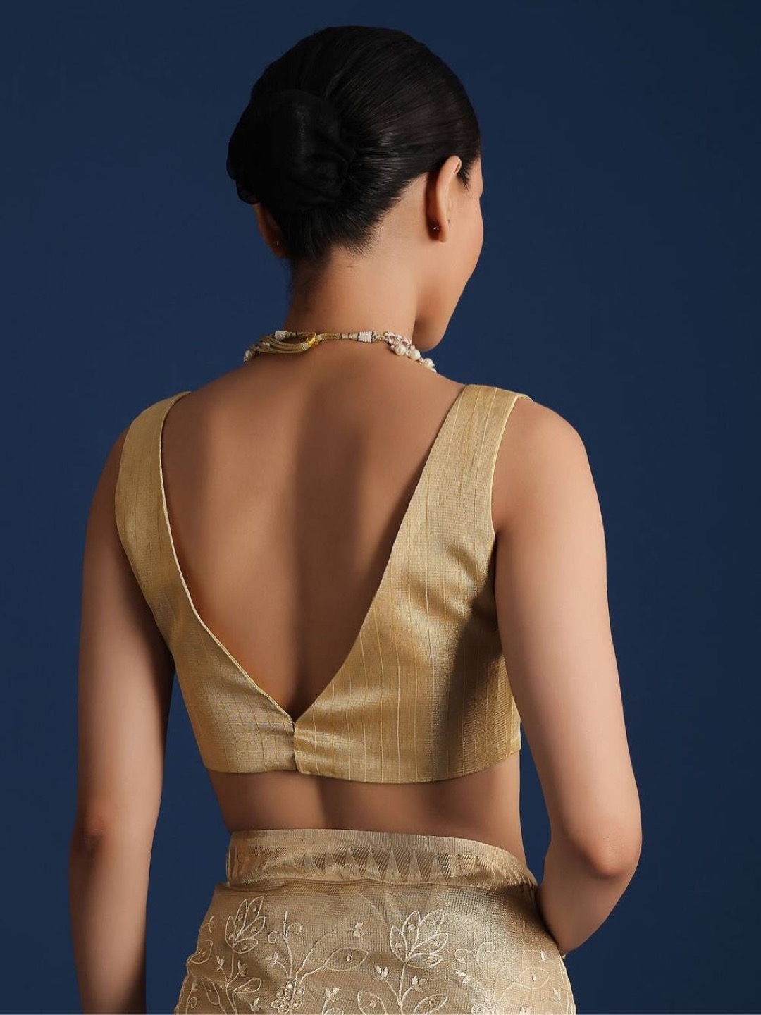 Gold-Toned Saree in Tissue Fabric Elevated with Floral Embroidery - Image 8