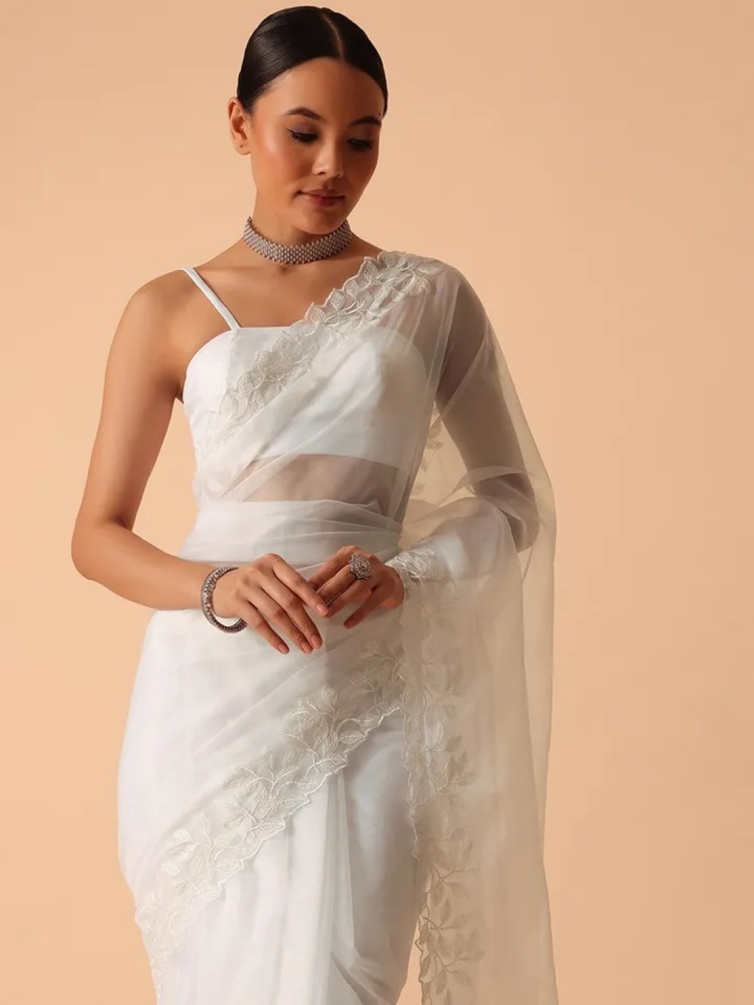 White Organza Saree with Floral Motifs Embroidered Border