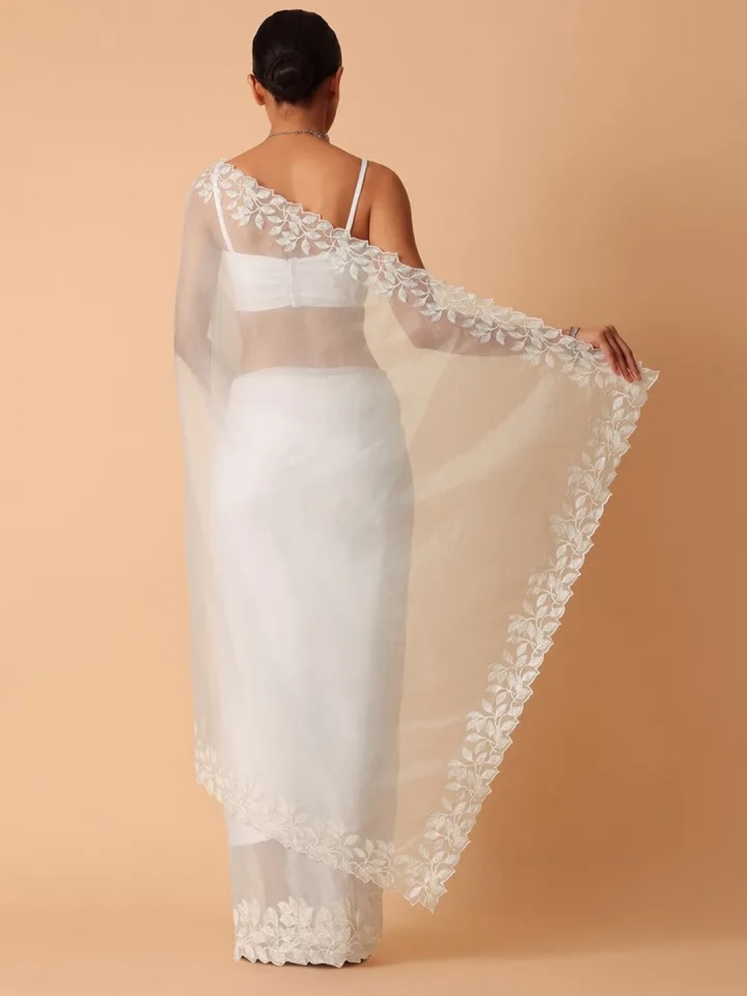 White Organza Saree with Floral Motifs Embroidered Border - Image 3