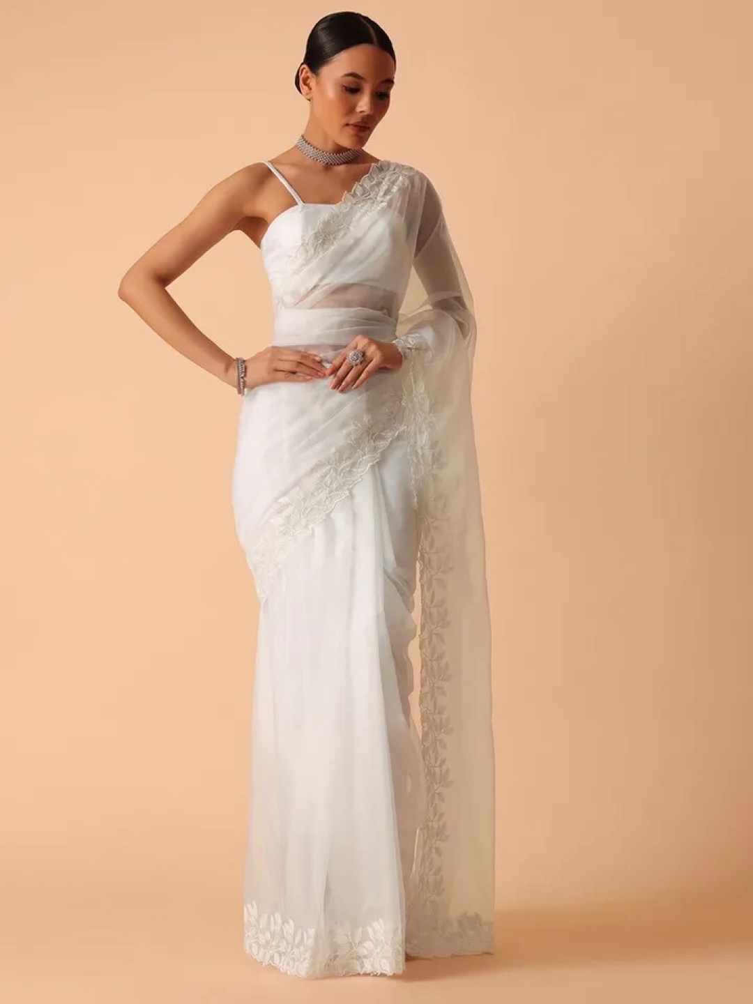White Organza Saree with Floral Motifs Embroidered Border - Image 5