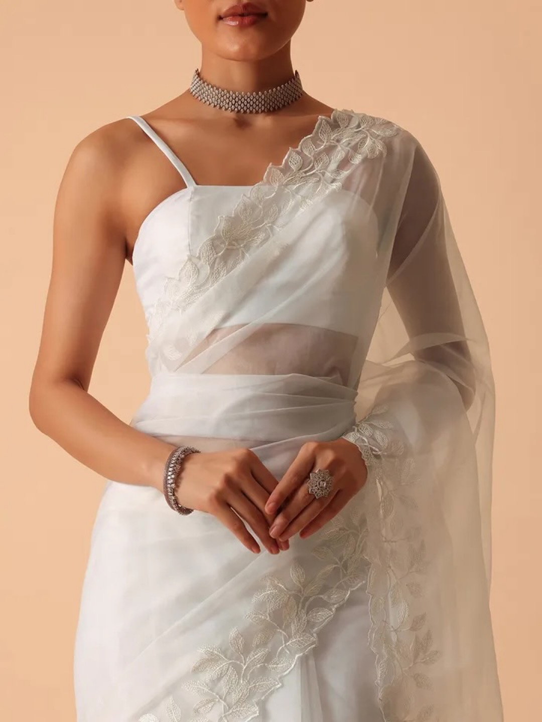 White Organza Saree with Floral Motifs Embroidered Border - Image 4