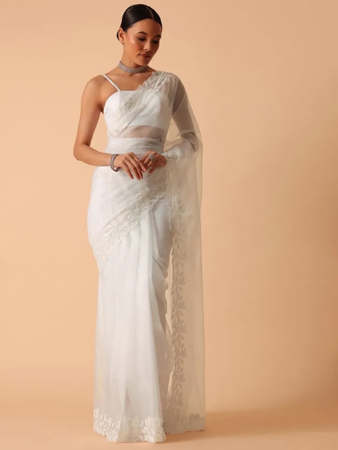 White Organza Saree with Floral Motifs Embroidered Border - Image 2