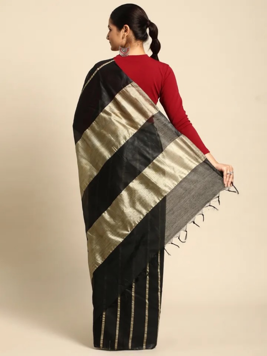 Black & Gold Striped Bhagalpuri Silk Saree - Image 4