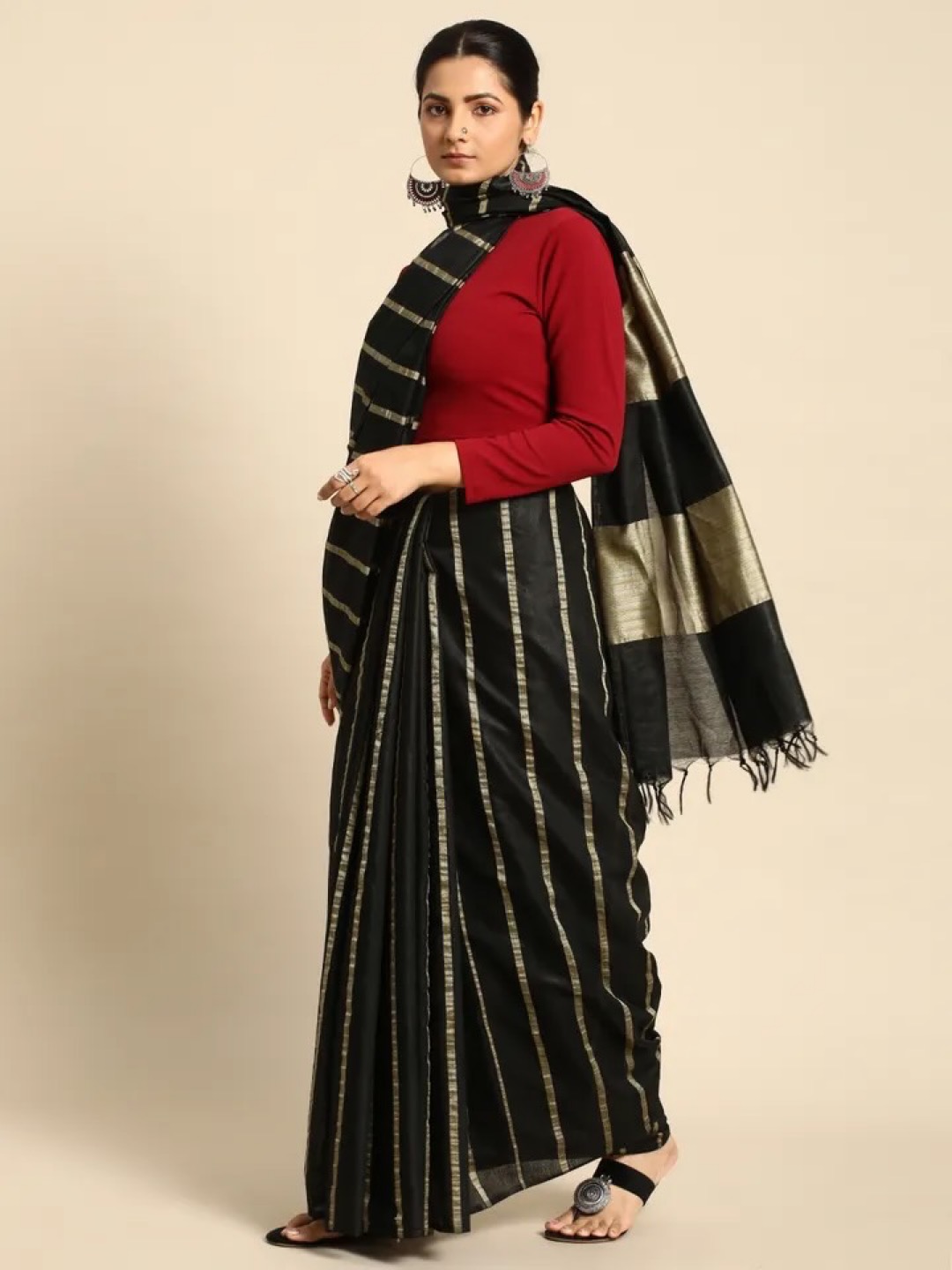 Black & Gold Striped Bhagalpuri Silk Saree - Image 3