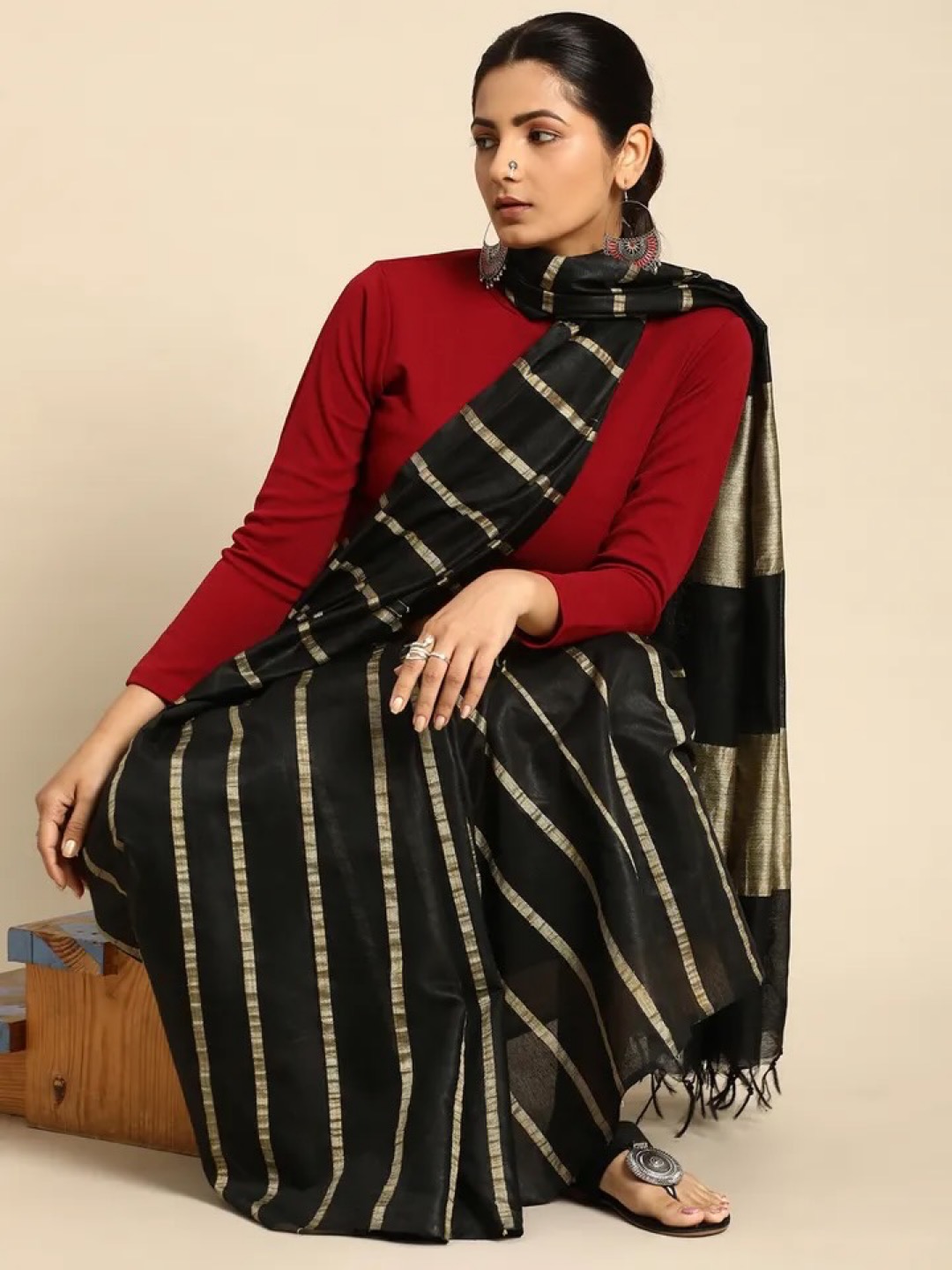 Black & Gold Striped Bhagalpuri Silk Saree - Image 2