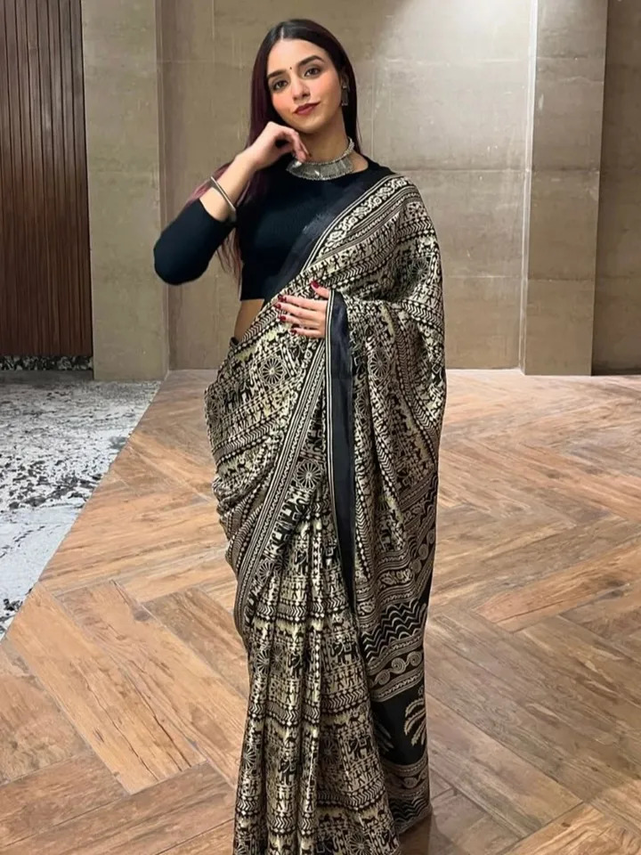 Soft Silk Saree with Ethnic Motifs and Tribal Prints - Image 3
