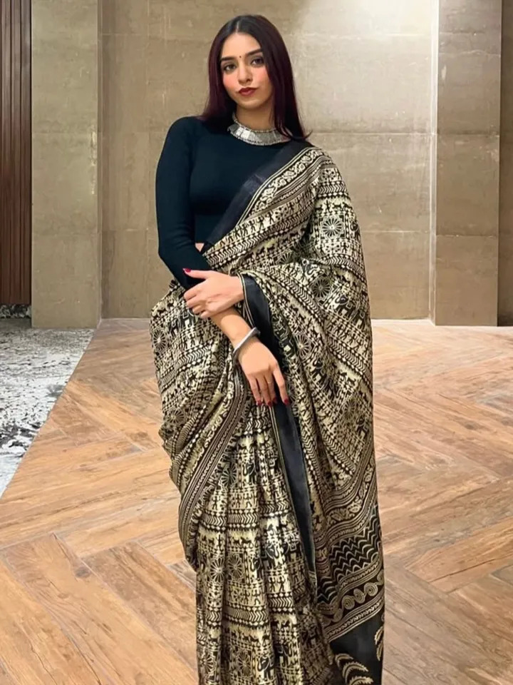 Soft Silk Saree with Ethnic Motifs and Tribal Prints - Image 4