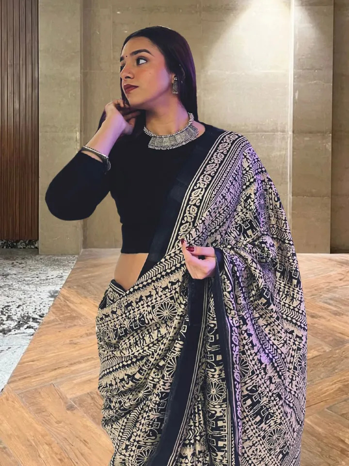 Soft Silk Saree with Ethnic Motifs and Tribal Prints