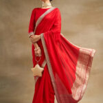 Red & Gold Toned Silk Saree with Embroidery Details