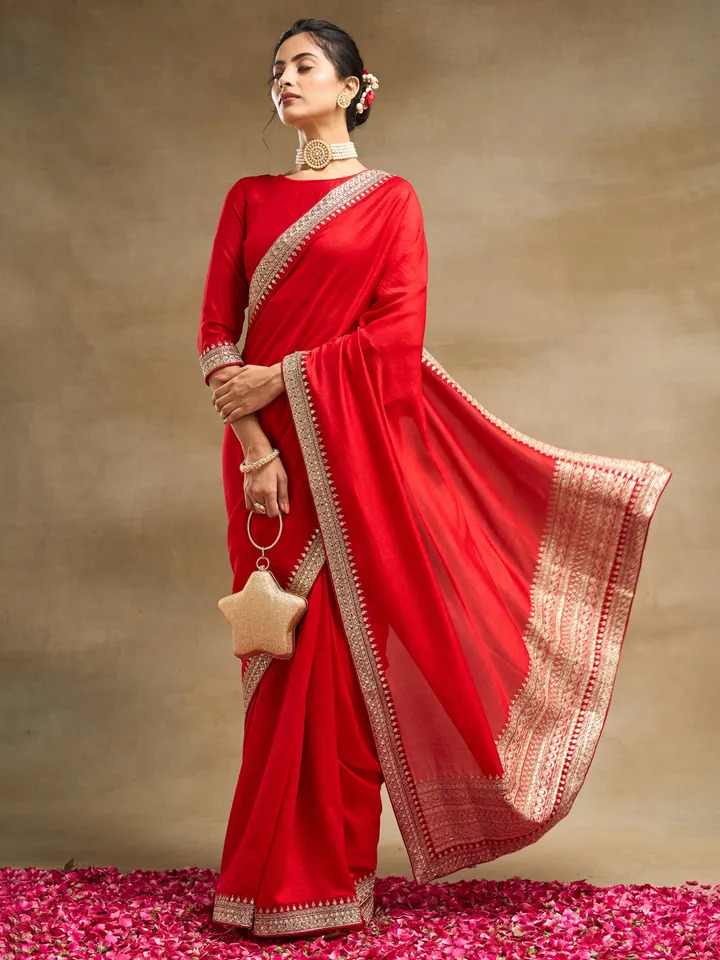 Red & Gold Toned Silk Saree with Embroidery Details