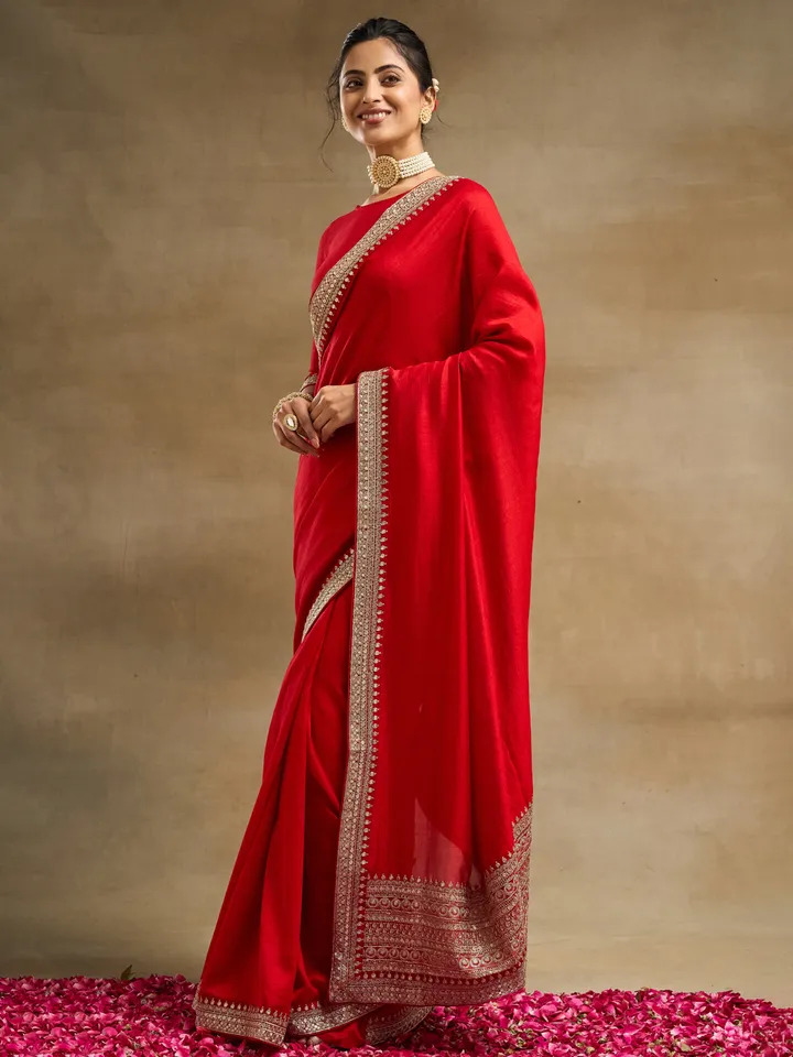 Red & Gold Toned Silk Saree with Embroidery Details - Image 2