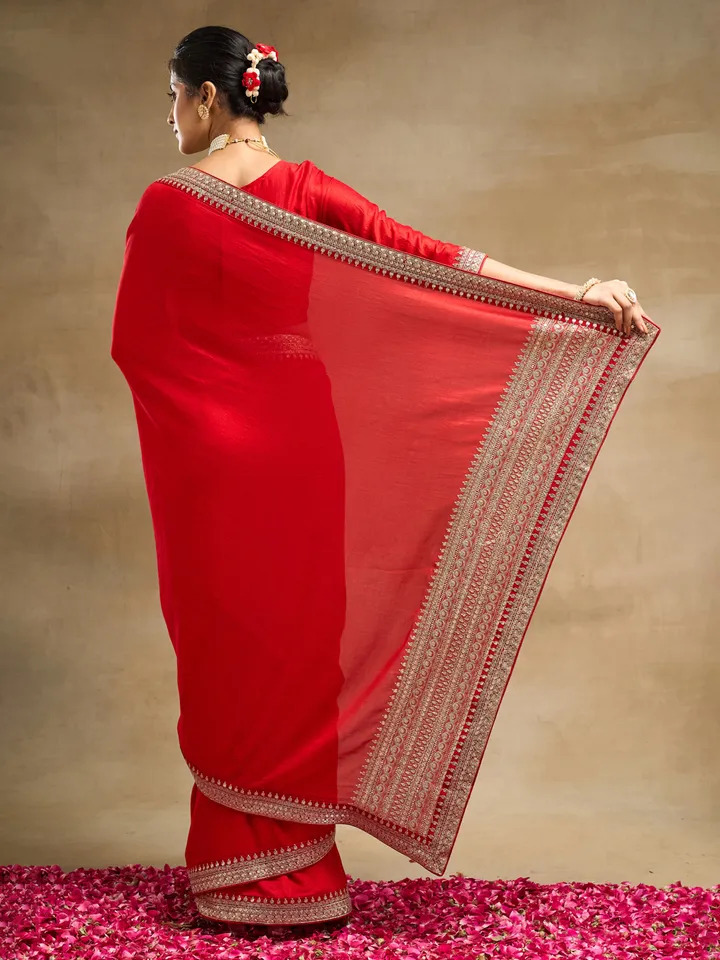 Red & Gold Toned Silk Saree with Embroidery Details - Image 3