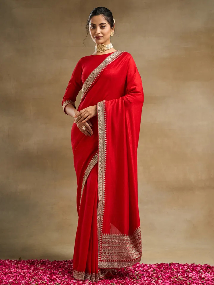 Red & Gold Toned Silk Saree with Embroidery Details - Image 4