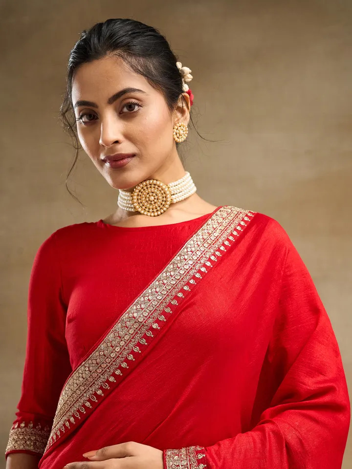 Red & Gold Toned Silk Saree with Embroidery Details - Image 5