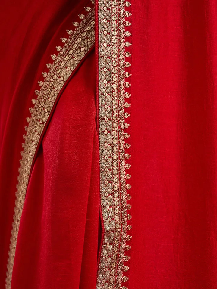 Red & Gold Toned Silk Saree with Embroidery Details - Image 6