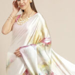 White & Pink Floral Printed Crepe Saree